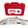 Closed first aid kit with survival blanket, oval eyepad, all purpose sponges, chest seal, marker, and hand sanitizer laid out in front