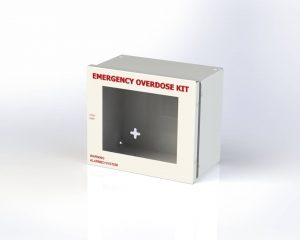 small, White cabinet with clear front, writing on cabinet reads, "Emergency Overdoes Kit, Warning, Alarmed System, Open Here"