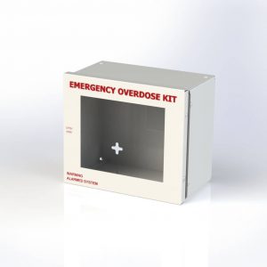 small, White cabinet with clear front, writing on cabinet reads, "Emergency Overdoes Kit, Warning, Alarmed System, Open Here"