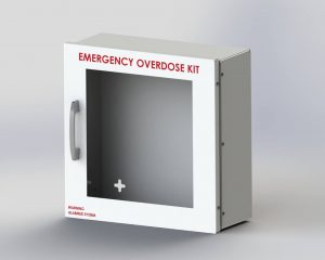 Large, White cabinet with clear front, writing on cabinet reads, "Emergency Overdoes Kit, Warning, Alarmed System"